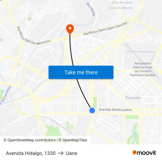 Avenida Hidalgo, 1330 to Uane map