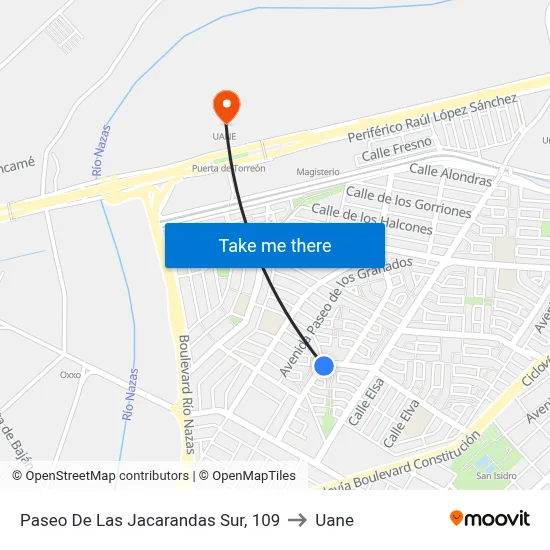 Paseo De Las Jacarandas Sur, 109 to Uane map