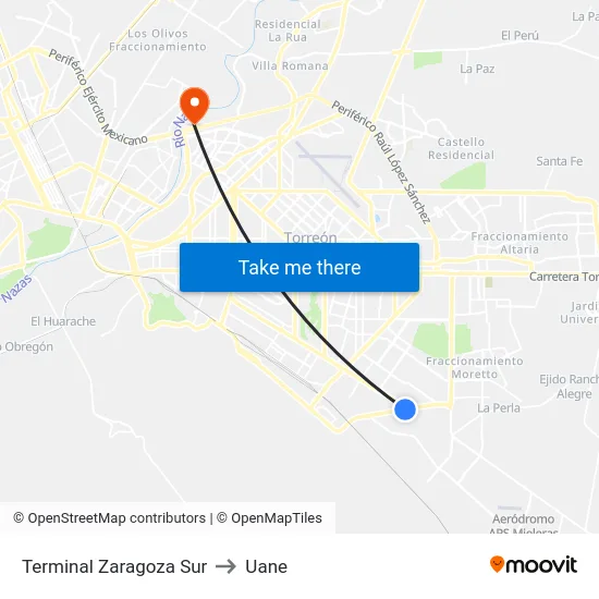 Terminal Zaragoza Sur to Uane map
