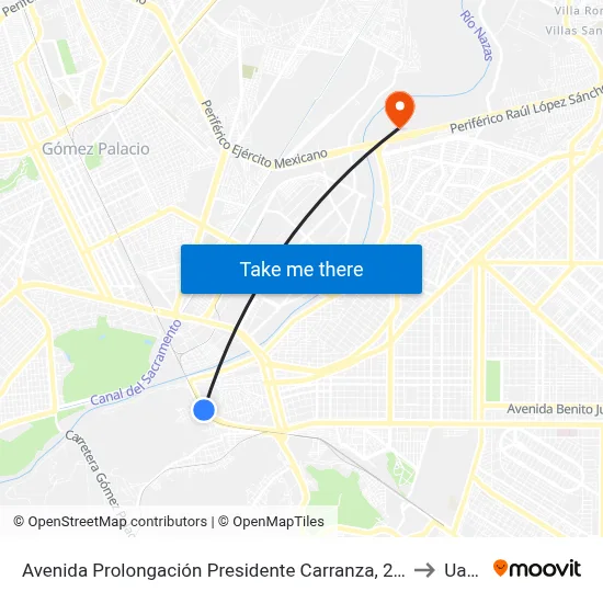 Avenida Prolongación Presidente Carranza, 2511 to Uane map