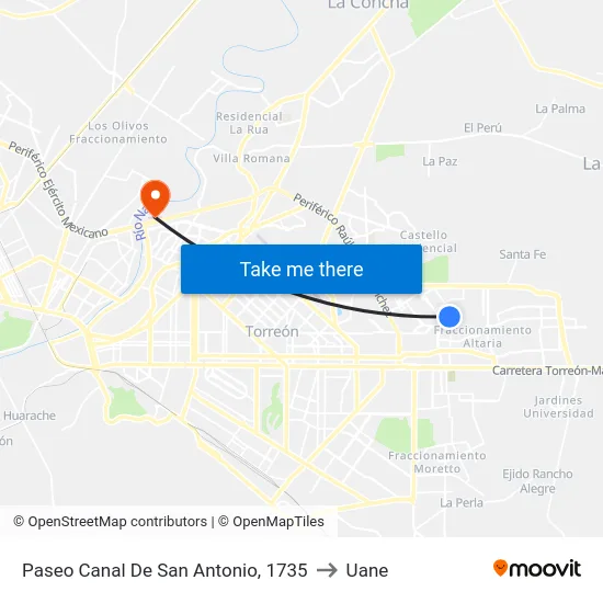 Paseo Canal De San Antonio, 1735 to Uane map
