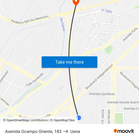 Avenida Ocampo Oriente, 183 to Uane map