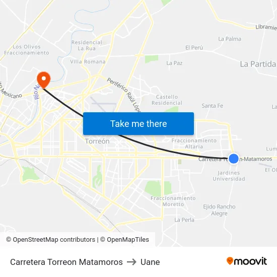 Carretera Torreon Matamoros to Uane map