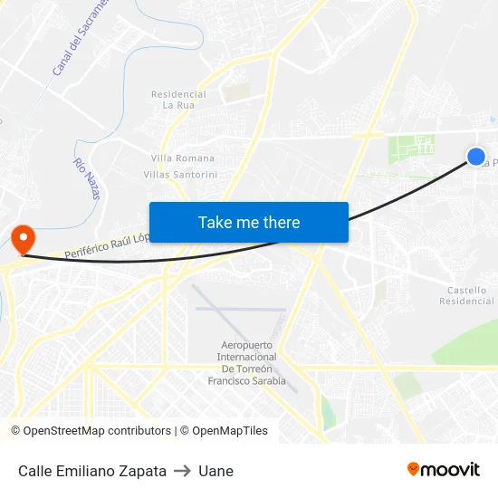 Calle Emiliano Zapata to Uane map