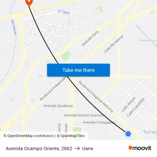 Avenida Ocampo Oriente, 2862 to Uane map