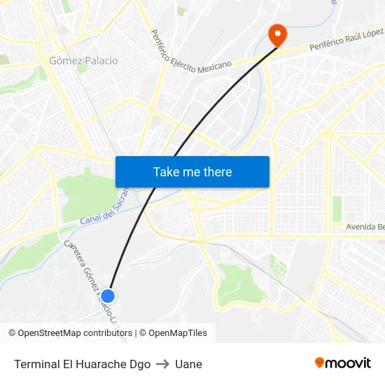 Terminal El Huarache Dgo to Uane map