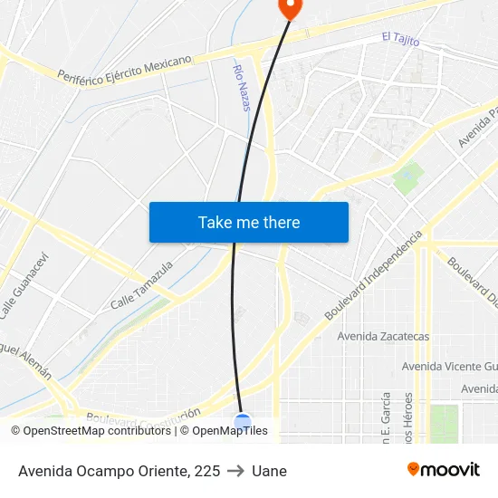 Avenida Ocampo Oriente, 225 to Uane map