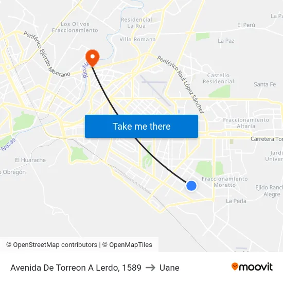Avenida De Torreon A Lerdo, 1589 to Uane map