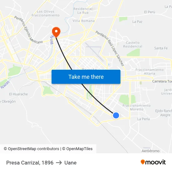 Presa Carrizal, 1896 to Uane map