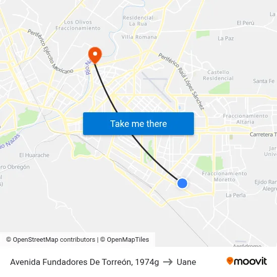 Avenida Fundadores De Torreón, 1974g to Uane map