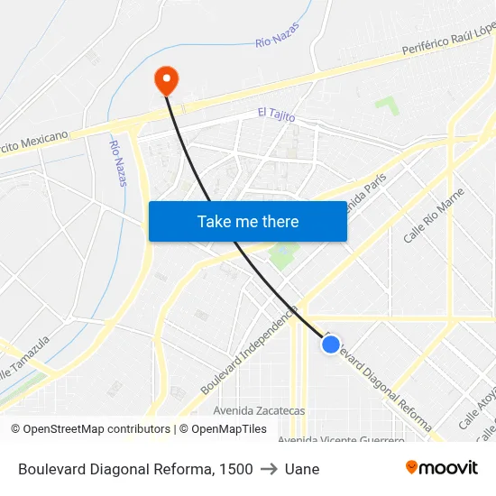 Boulevard Diagonal Reforma, 1500 to Uane map