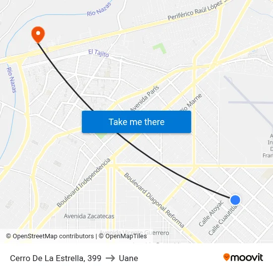 Cerro De La Estrella, 399 to Uane map