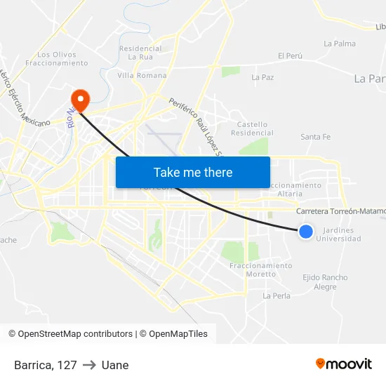 Barrica, 127 to Uane map