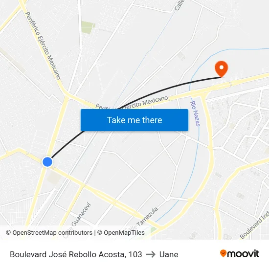 Boulevard José Rebollo Acosta, 103 to Uane map