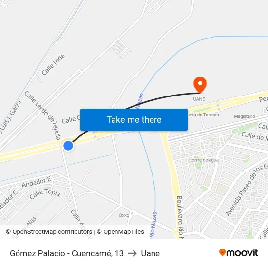 Gómez Palacio - Cuencamé, 13 to Uane map