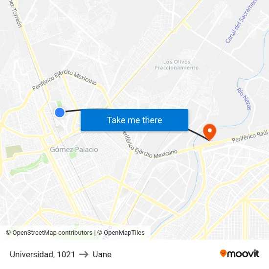 Universidad, 1021 to Uane map