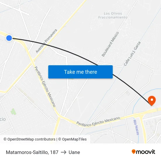 Matamoros-Saltillo, 187 to Uane map