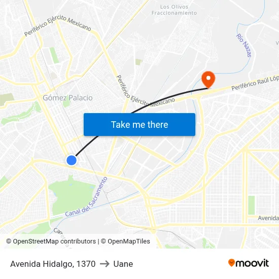 Avenida Hidalgo, 1370 to Uane map