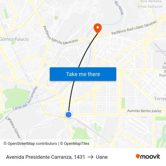 Avenida Presidente Carranza, 1431 to Uane map