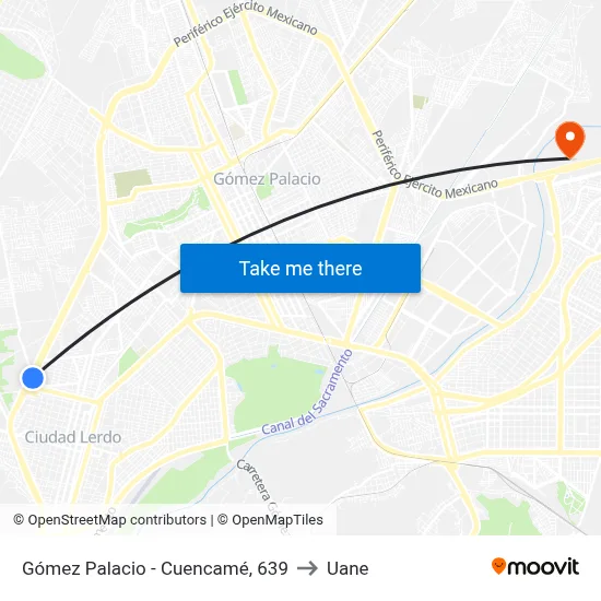 Gómez Palacio - Cuencamé, 639 to Uane map