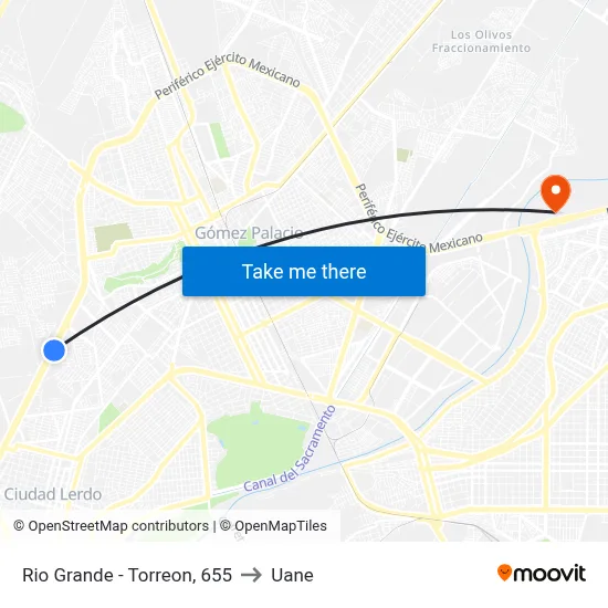 Rio Grande - Torreon, 655 to Uane map