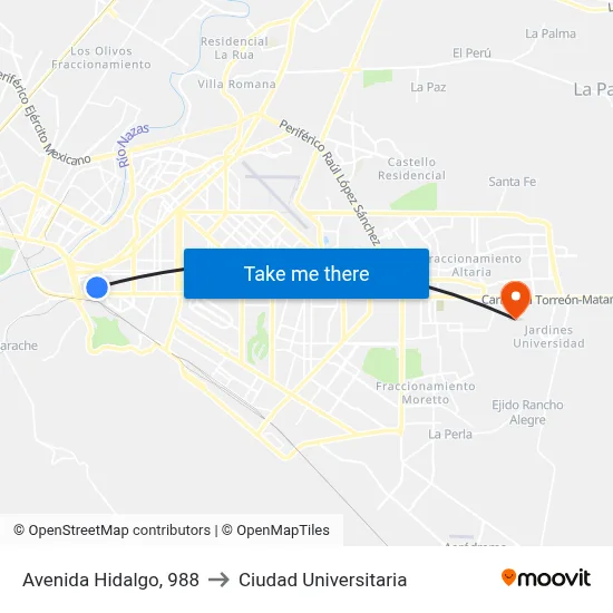 Avenida Hidalgo, 988 to Ciudad Universitaria map