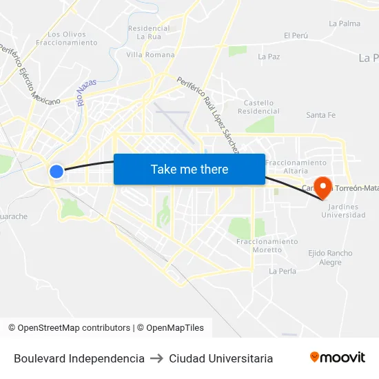 Boulevard Independencia to Ciudad Universitaria map