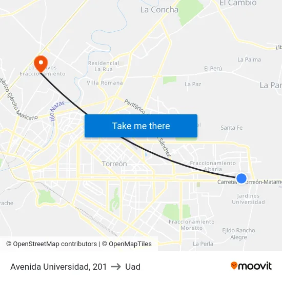 Avenida Universidad, 201 to Uad map
