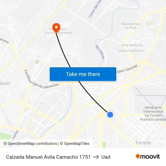Calzada Manuel Ávila Camacho 1751 to Uad map