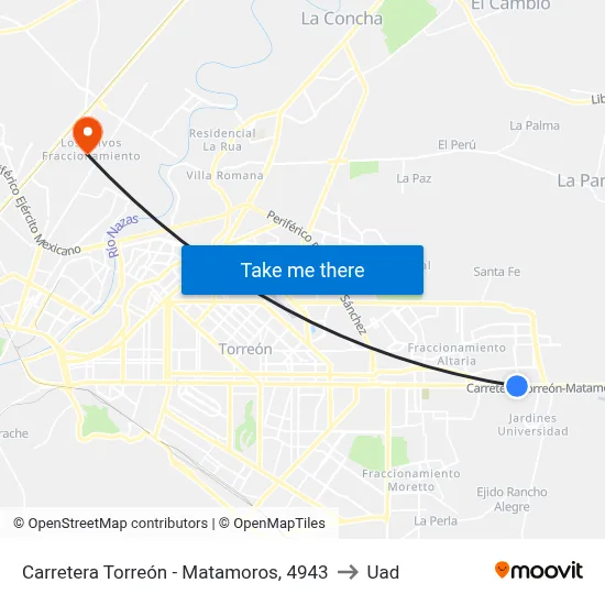 Carretera Torreón - Matamoros, 4943 to Uad map