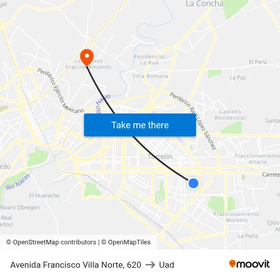 Avenida Francisco Villa Norte, 620 to Uad map