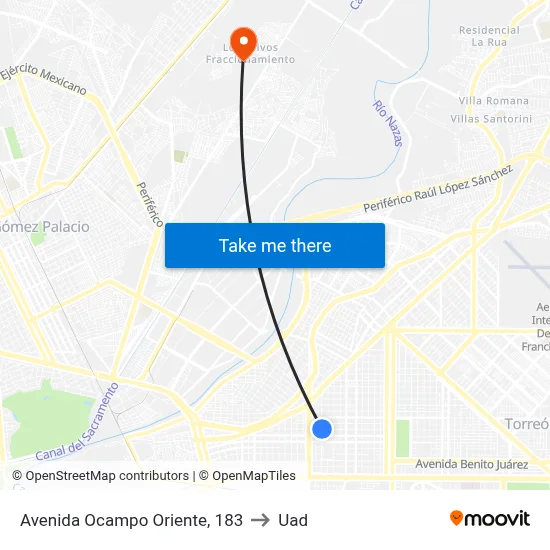 Avenida Ocampo Oriente, 183 to Uad map