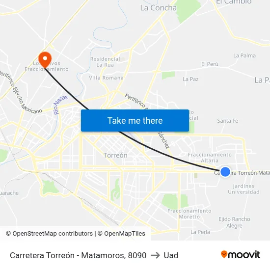 Carretera Torreón - Matamoros, 8090 to Uad map