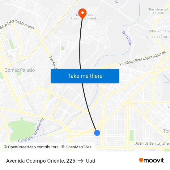 Avenida Ocampo Oriente, 225 to Uad map