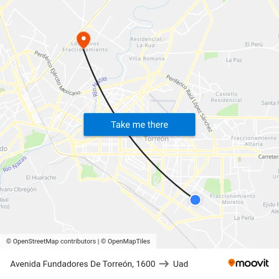 Avenida Fundadores De Torreón, 1600 to Uad map