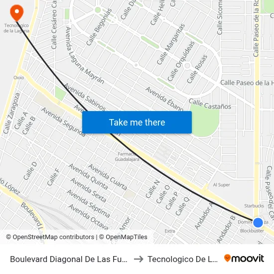Boulevard Diagonal De Las Fuentes, 1003_1 to Tecnologico De La Laguna map