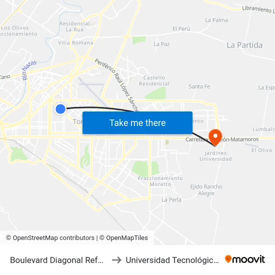 Boulevard Diagonal Reforma, 1960_D to Universidad Tecnológica De Torreón map