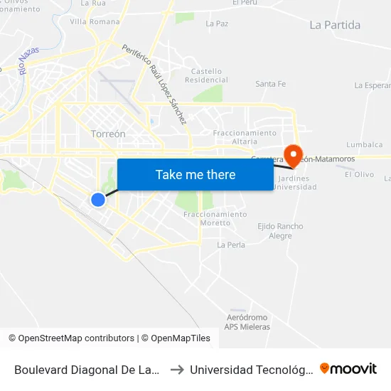Boulevard Diagonal De Las Fuentes, 1003_1 to Universidad Tecnológica De Torreón map