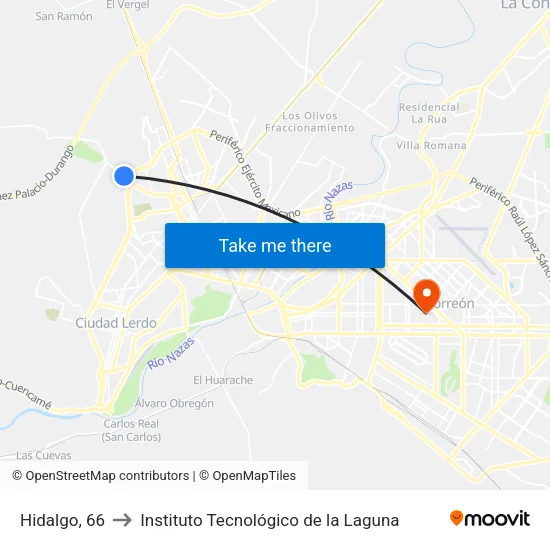 Hidalgo, 66 to Instituto Tecnológico de la  Laguna map