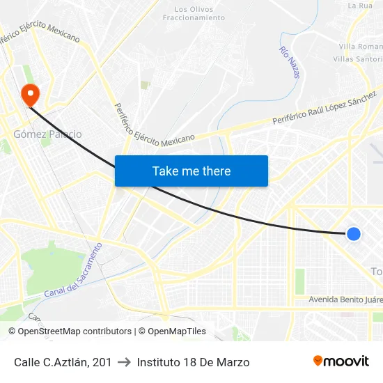 Calle C.Aztlán, 201 to Instituto 18 De Marzo map