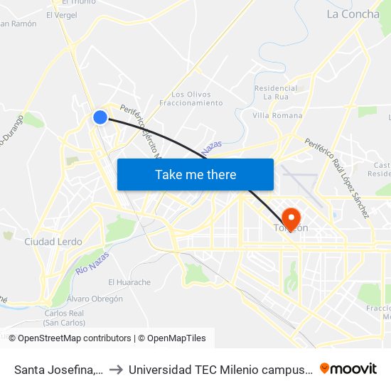 Santa Josefina, 902 to Universidad TEC Milenio campus Laguna map