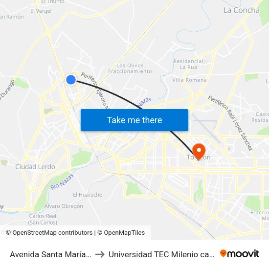 Avenida Santa María Rosa, 820 to Universidad TEC Milenio campus Laguna map