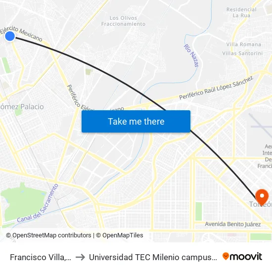 Francisco Villa, 540 to Universidad TEC Milenio campus Laguna map