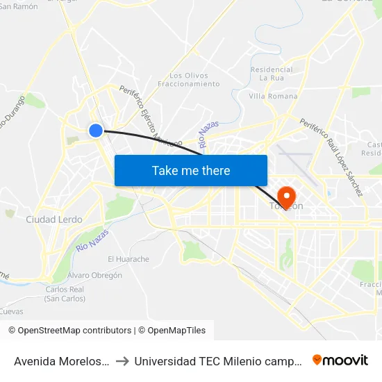 Avenida Morelos, 1516 to Universidad TEC Milenio campus Laguna map
