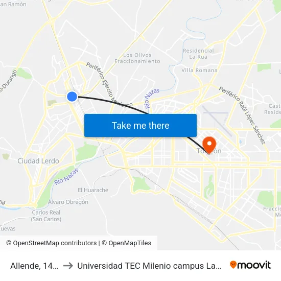 Allende, 1447 to Universidad TEC Milenio campus Laguna map