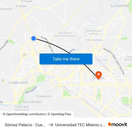 Gómez Palacio - Cuencamé, 1230 to Universidad TEC Milenio campus Laguna map