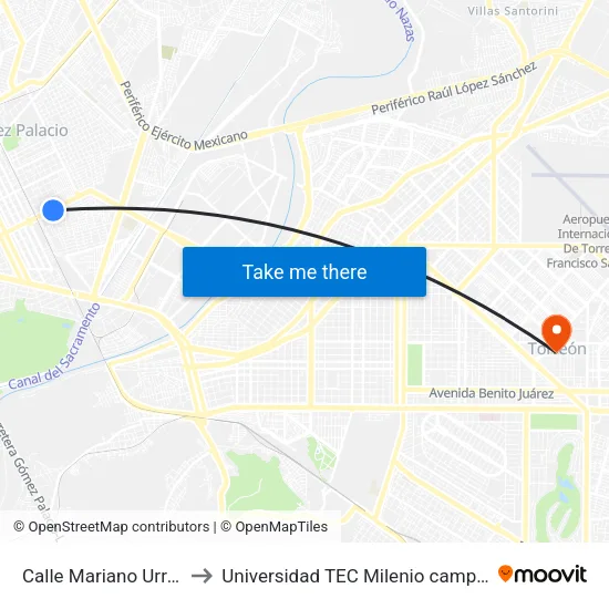 Calle Mariano Urrea, 950 to Universidad TEC Milenio campus Laguna map