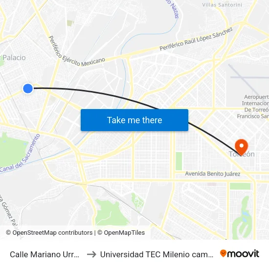 Calle Mariano Urrea, 1310 to Universidad TEC Milenio campus Laguna map