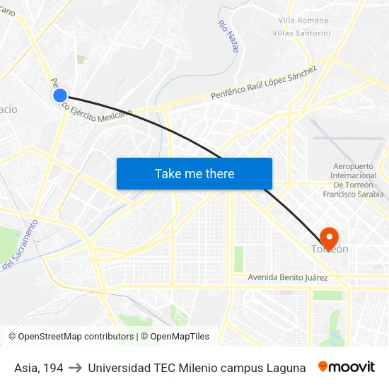 Asia, 194 to Universidad TEC Milenio campus Laguna map
