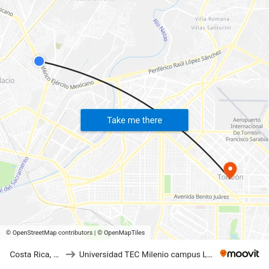 Costa Rica, 178 to Universidad TEC Milenio campus Laguna map